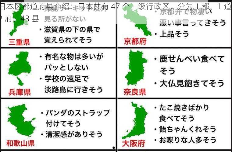 日本区都道府县介绍：日本共有 47 个一级行政区，分为 1 都、1 道、2 府、43 县