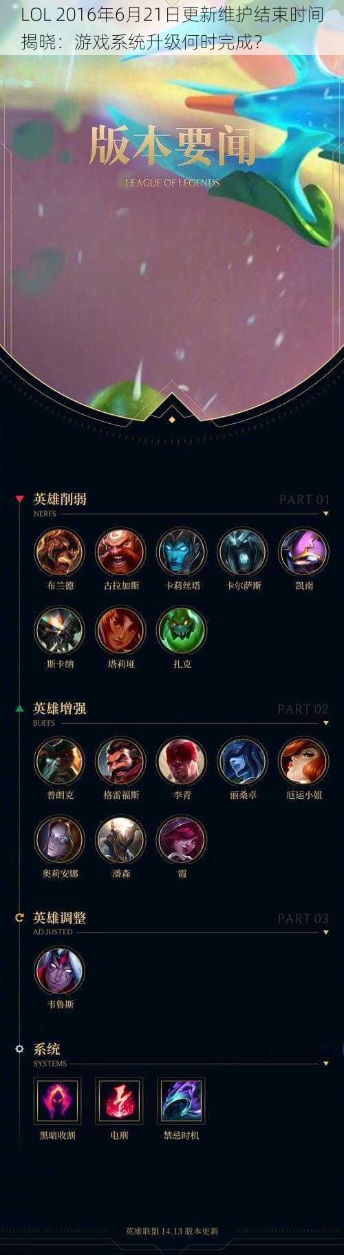 LOL 2016年6月21日更新维护结束时间揭晓：游戏系统升级何时完成？