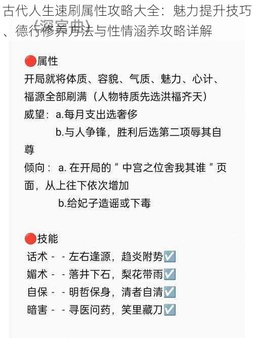 古代人生速刷属性攻略大全：魅力提升技巧、德行修养方法与性情涵养攻略详解