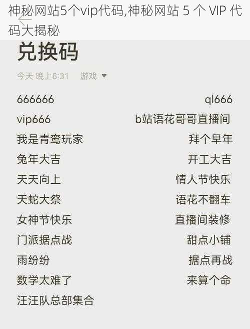 神秘网站5个vip代码,神秘网站 5 个 VIP 代码大揭秘